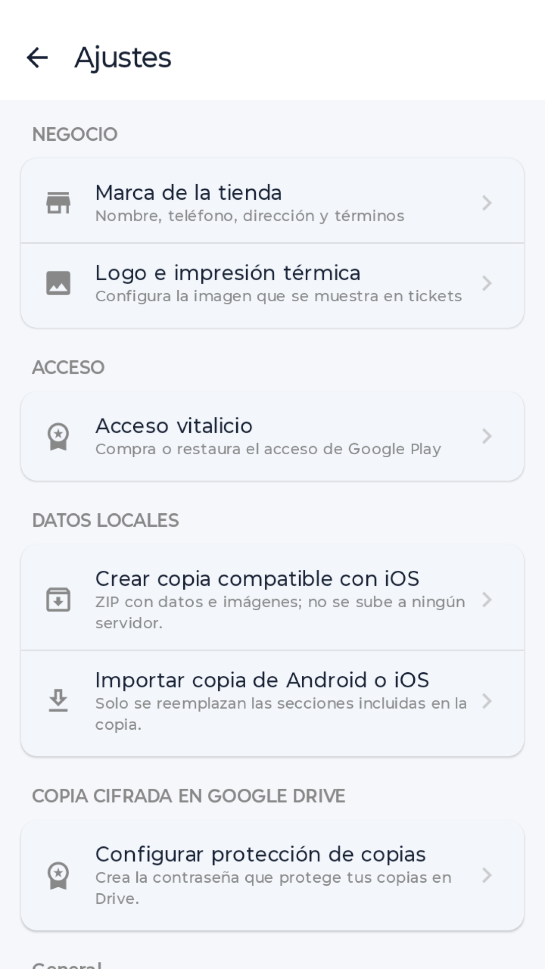 Ajustes de copias y Google Drive de SYF Receiver para Android