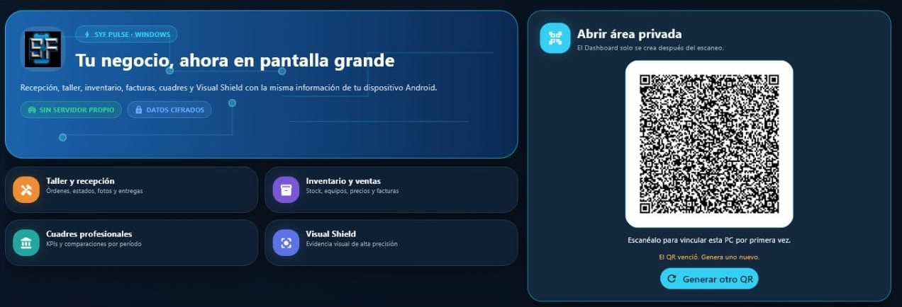 Dashboard SYF PULSE para Windows con módulos de taller y código QR para vincular